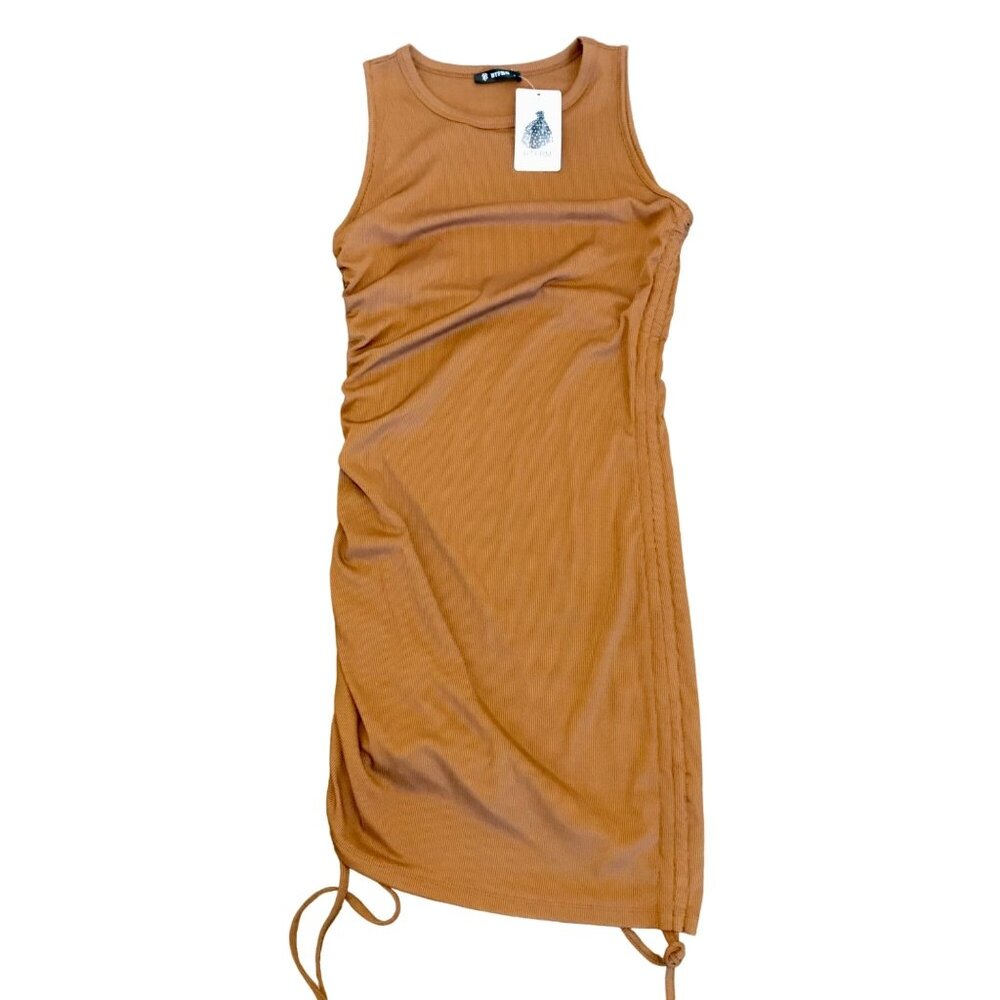 BTFBM Women's Rust Brown Ribbed Cinched Bodycon Dress Size S Casual Y2K. Flawed